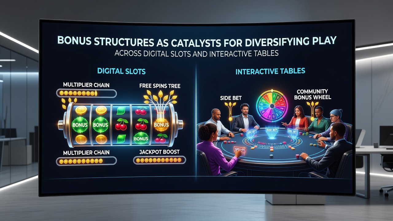 Split screen of online slots reels next to live roulette table with bonus notification