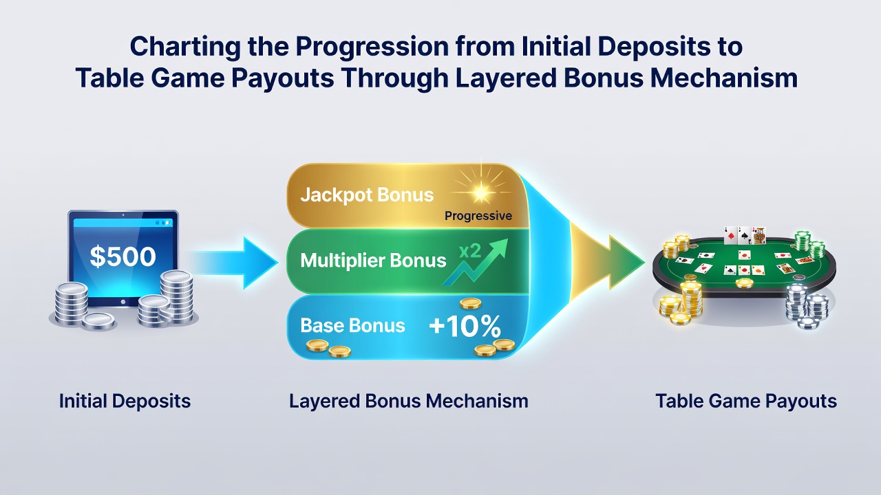 Flowchart illustrating layered bonus tiers converting into table game wagers and verified payouts