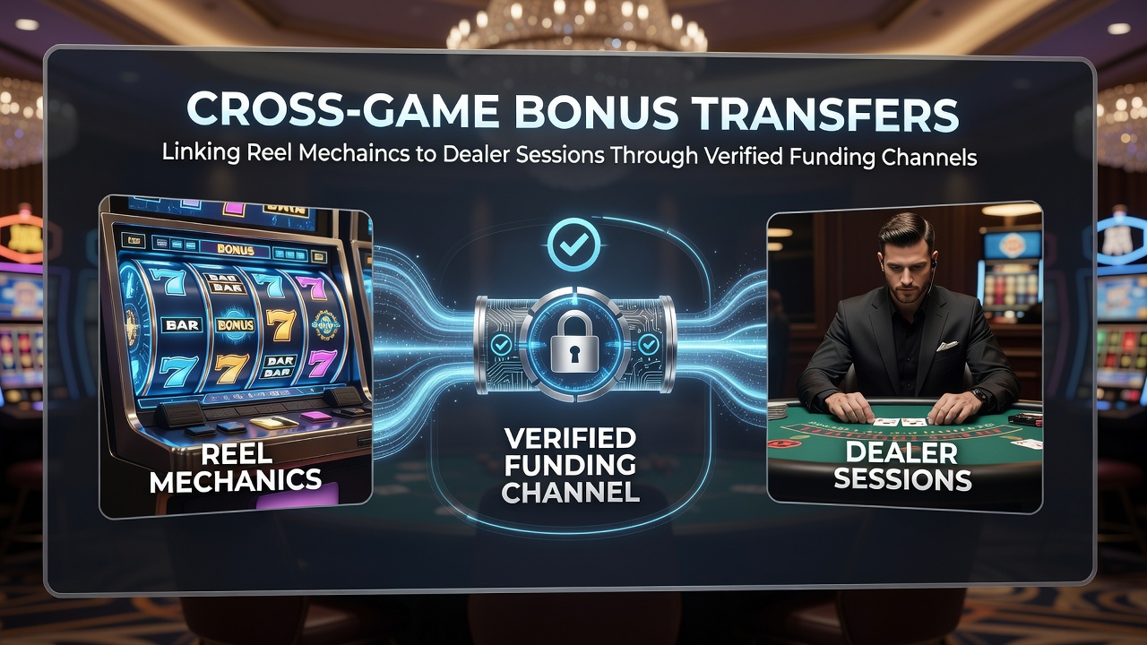 Flow diagram of bonus credits moving from slot reels through secure channels to live dealer tables