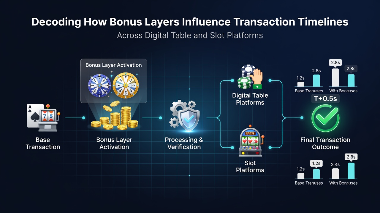 Split view of slot reels and blackjack table with overlaid transaction timeline graphics