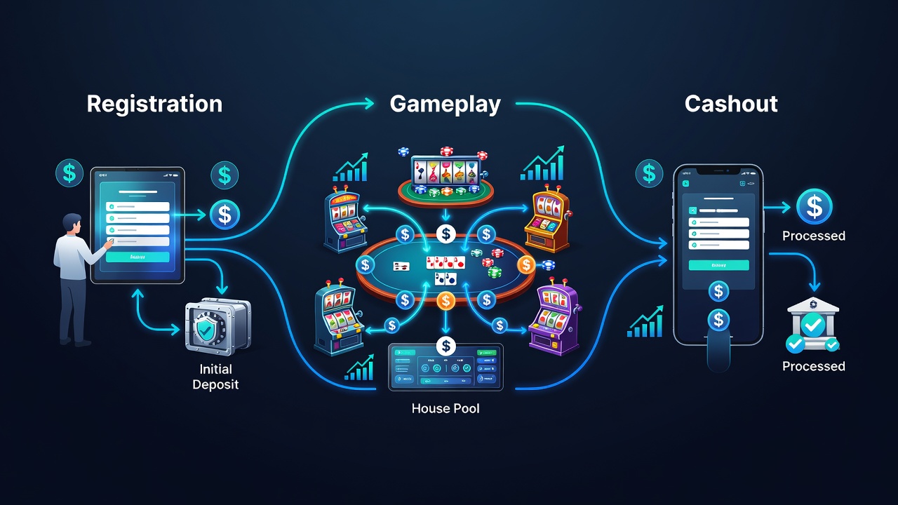 Diagram depicting secure fund movements during interactive casino gameplay and withdrawal processes