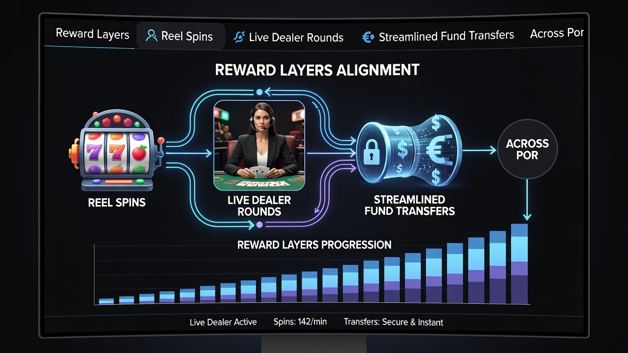 Portable device displaying synchronized fund transfers between slot and live dealer sessions