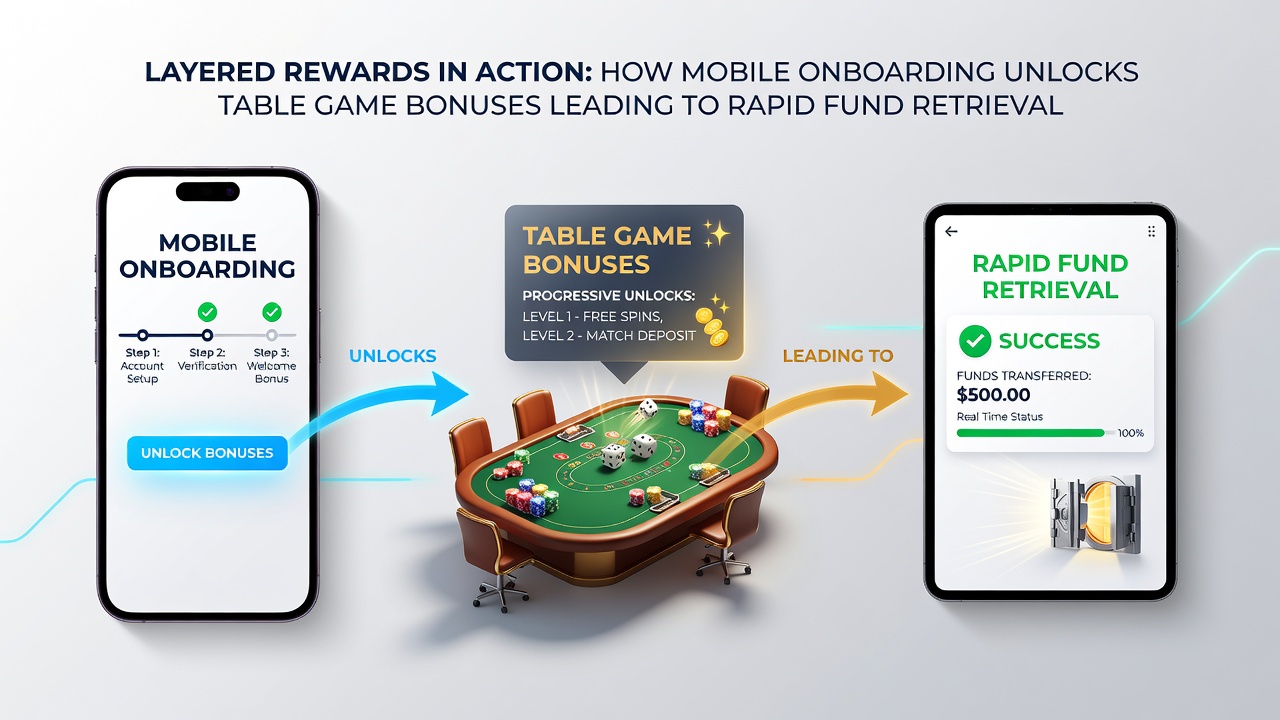 Flowchart illustrating progression from mobile signup through reward layers to instant fund withdrawal on casino platforms