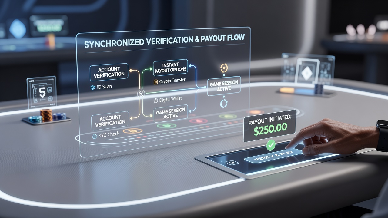 Live dealer table interface with verification status indicator and instant payout button highlighted