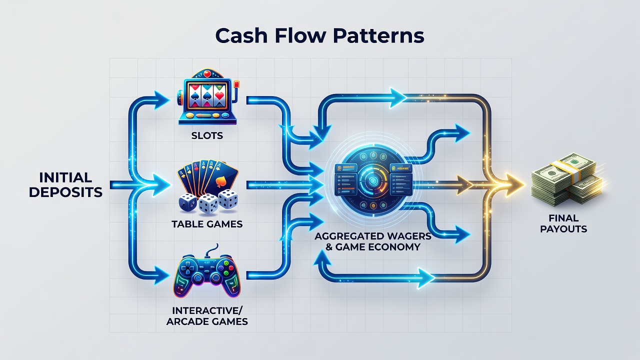Flowchart showing cash movement between slot machines, table games, live dealer streams, and bonus pools before reaching payout approval