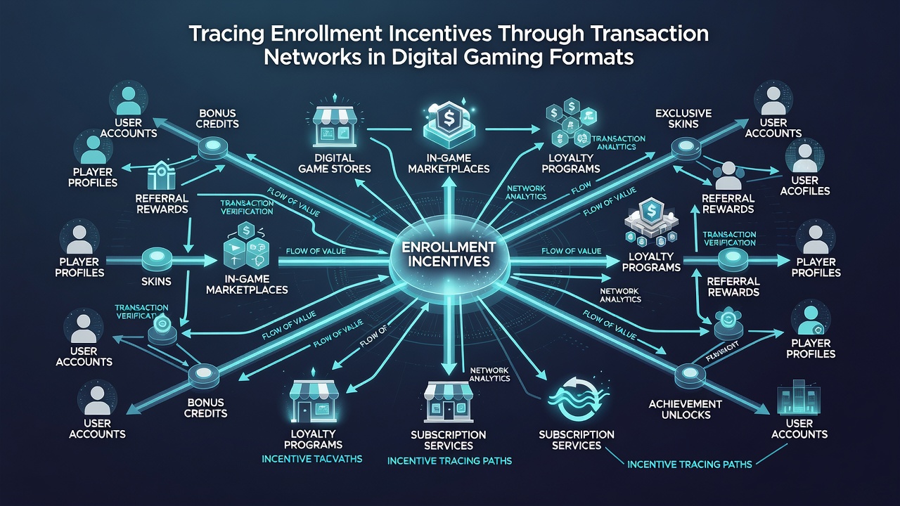 Flowchart illustrating enrollment bonus routing through affiliate platforms, payment gateways, and player verification layers
